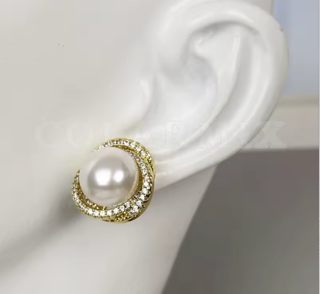 30503412 aretes con perlas y ribete de brillantes en oro laminado 18k (3 Capas)