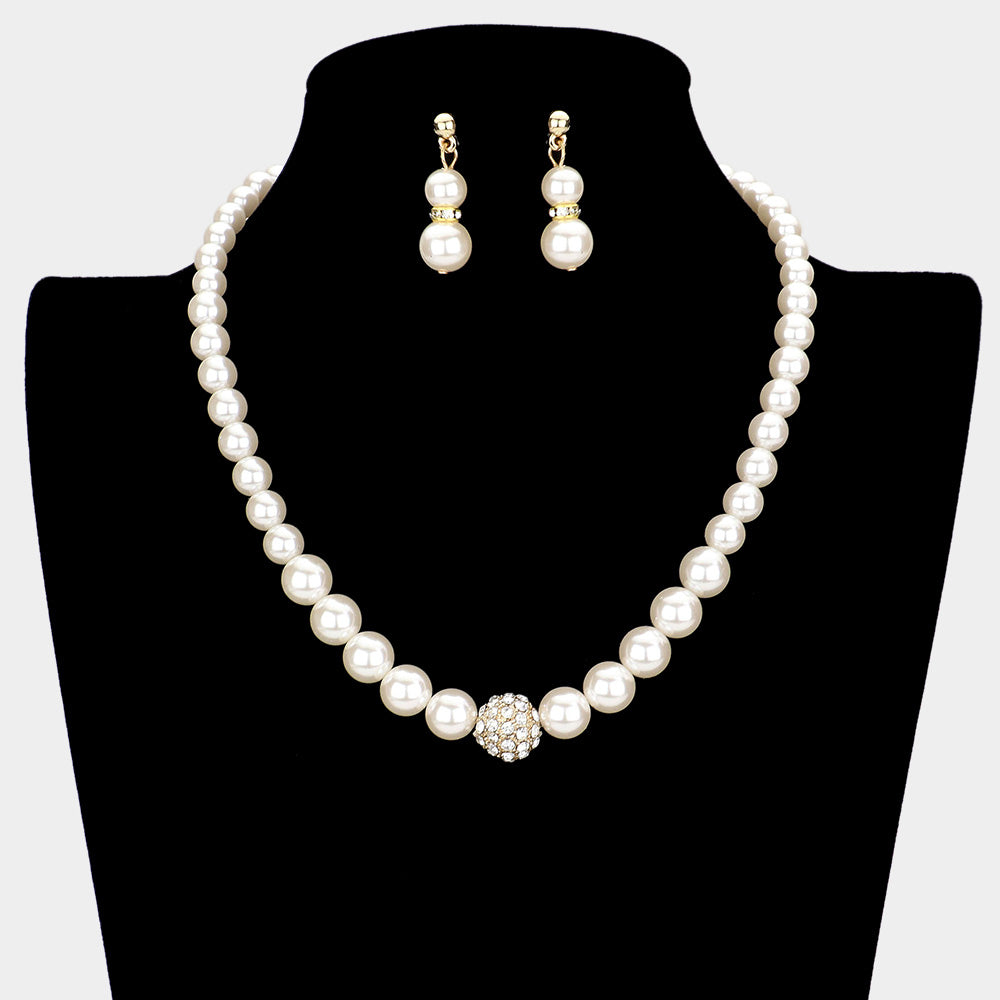 PN11259 Set de collar y aretes de perlas con detalles en cristal