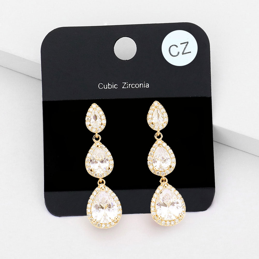 Aretes con triple eslabones en forma de lágrima en circonita cúbica CZ