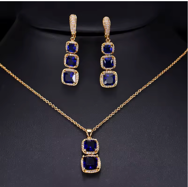 Conjunto de cadena y aretes con piedra cuadrada y circonita cubica (CZ) AAA