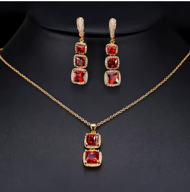 Conjunto de cadena y aretes con piedra cuadrada y circonita cubica (CZ) AAA