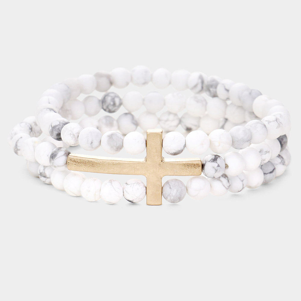 Pulsera de 3 filas de piedras natural y cruz