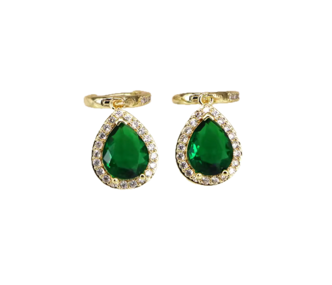 Aretes piedra lagrima y ribete de brillantes en oro laminado 18k (3 Capas)
