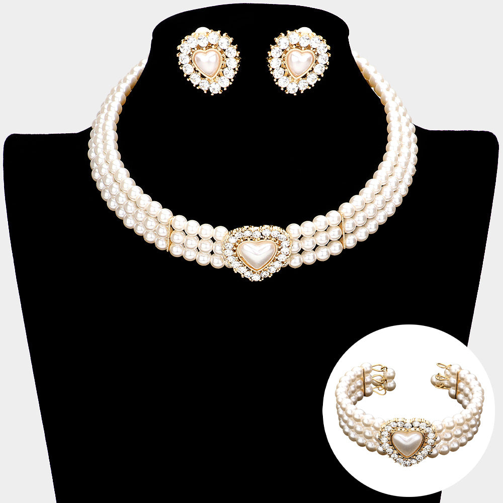 Set de 3 piezas - gargantilla, Pulsera y pendientes colgante de corazón en perlas