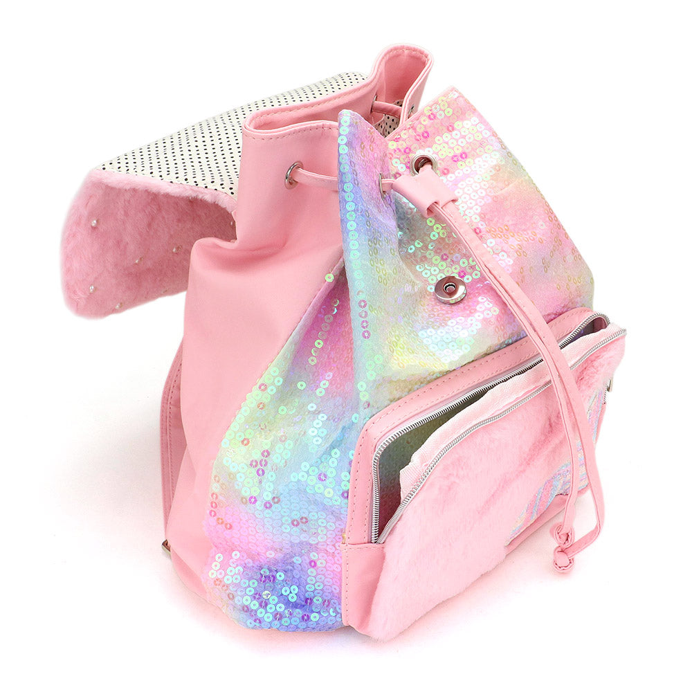 Mochila tela peluche con lentejuelas y detalles de perlas difusas