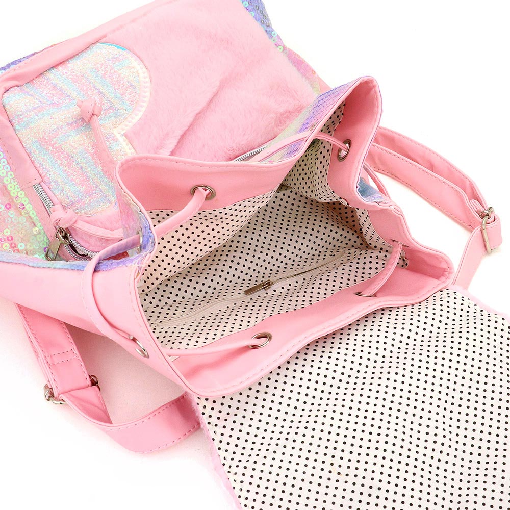 Mochila tela peluche con lentejuelas y detalles de perlas difusas