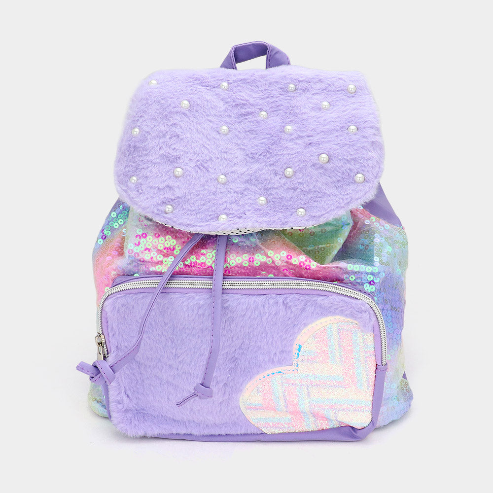 Mochila tela peluche con lentejuelas y detalles de perlas difusas