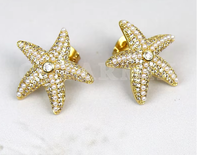 17225972 Aretes estrella de mar con circonita cubica CZ en oro laminado 18k (3capas)