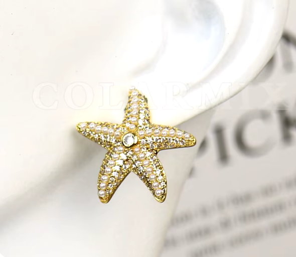 17225972 Aretes estrella de mar con circonita cubica CZ en oro laminado 18k (3capas)