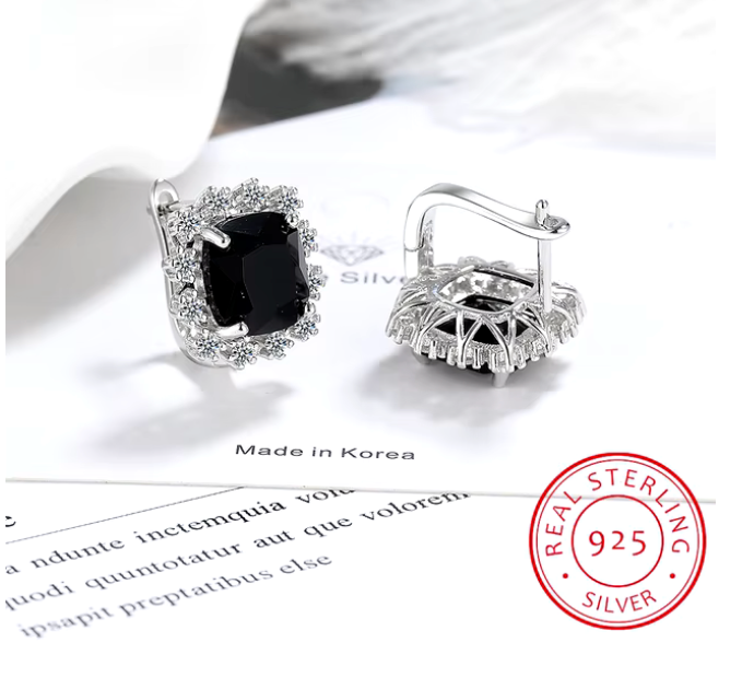 Aretes de Plata S925 con piedra cuadrada y ribete de brillantes