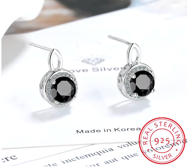 Aretes con piedra redonda de y ribete de brillantes de imitación en plata S925