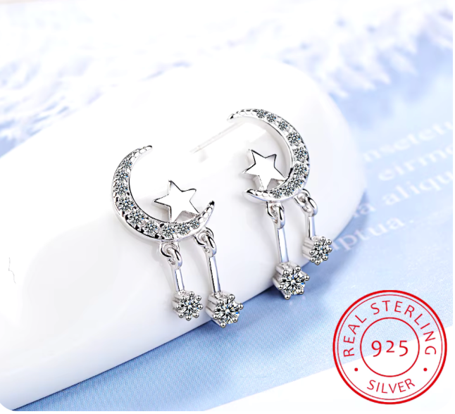 33402868 Aretes de Plata S925 estilo de luna y estrellas