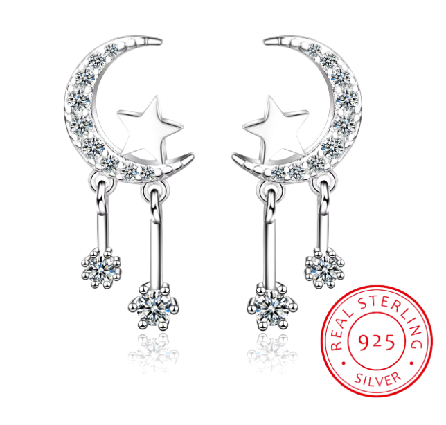 33402868 Aretes de Plata S925 estilo de luna y estrellas