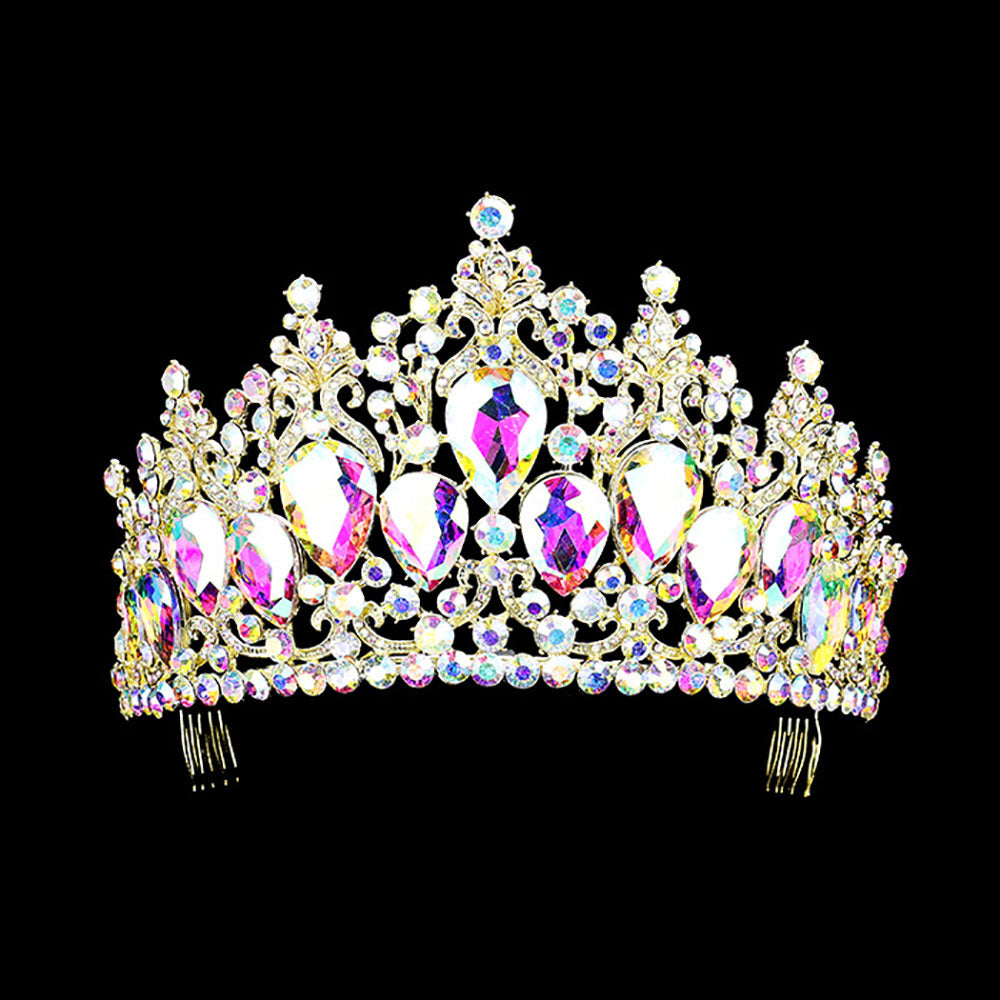 Tiara con detalles en piedras redondas y lagrimas de cristal acentuadas