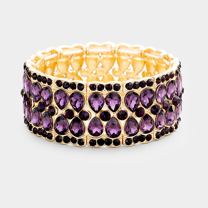 Pulsera elástica con piedras lágrima de cristal y ribete de burbujas