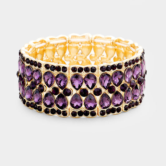 Pulsera elástica con piedras lágrima de cristal y ribete de burbujas