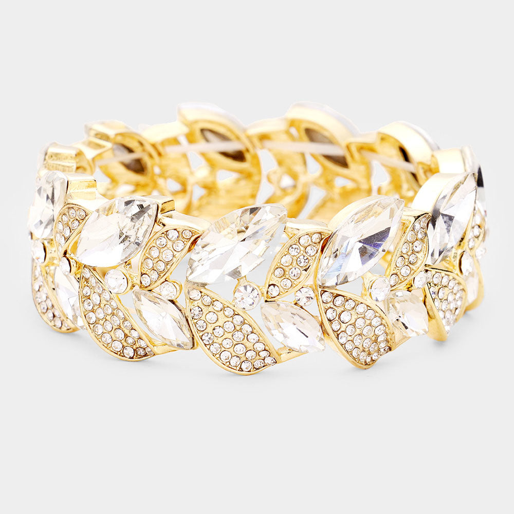 Pulsera elástica con hojas de piedra marquesa y pavé de brillantes