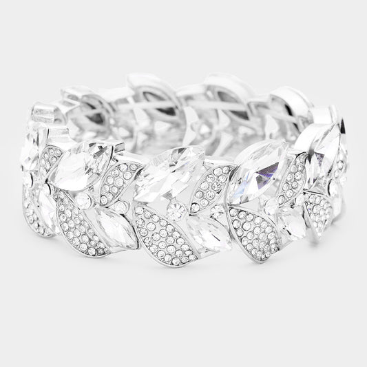 Pulsera elástica con hojas de piedra marquesa y pavé de brillantes