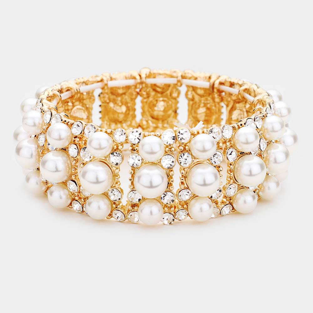 Pulsera elástica de noche con pavé de brillantes y perlas