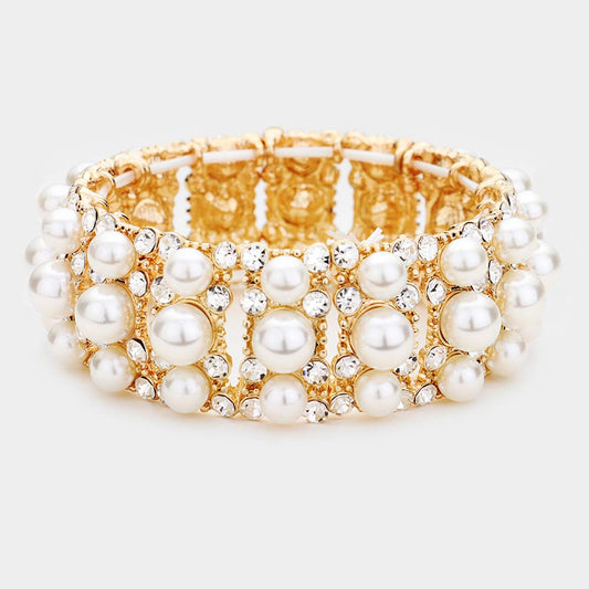 Pulsera elástica de noche con pavé de brillantes y perlas