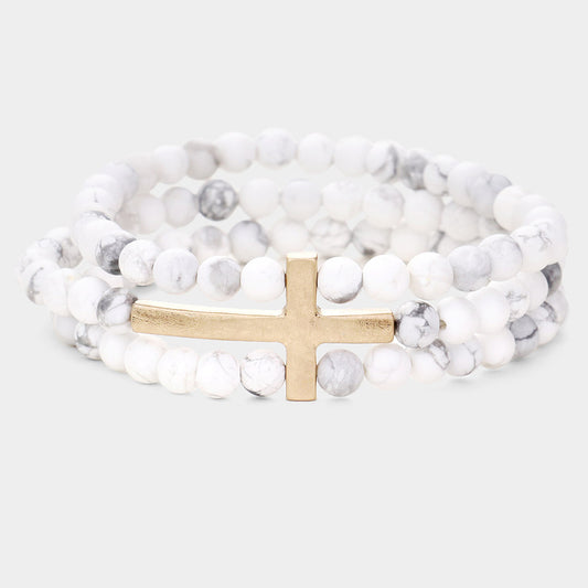 Pulsera de 3 filas de piedras natural y cruz