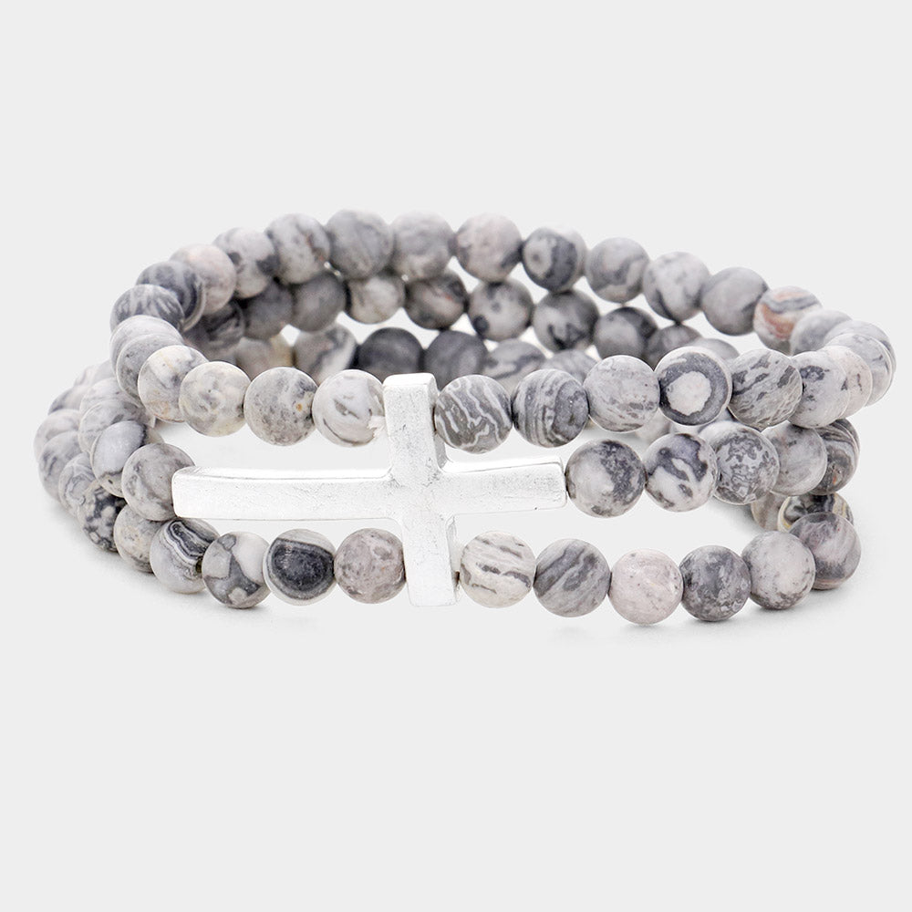 Pulsera de 3 filas de piedras natural y cruz
