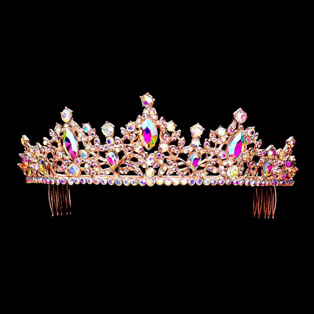 TH1465 Tiara con detalles en piedras marquesas y ribete en brillantes de cristal