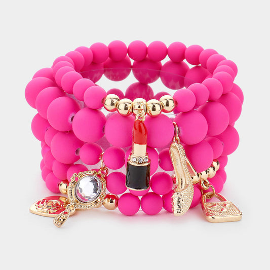 Pulsera de 5 filas de piedras redondas y charms