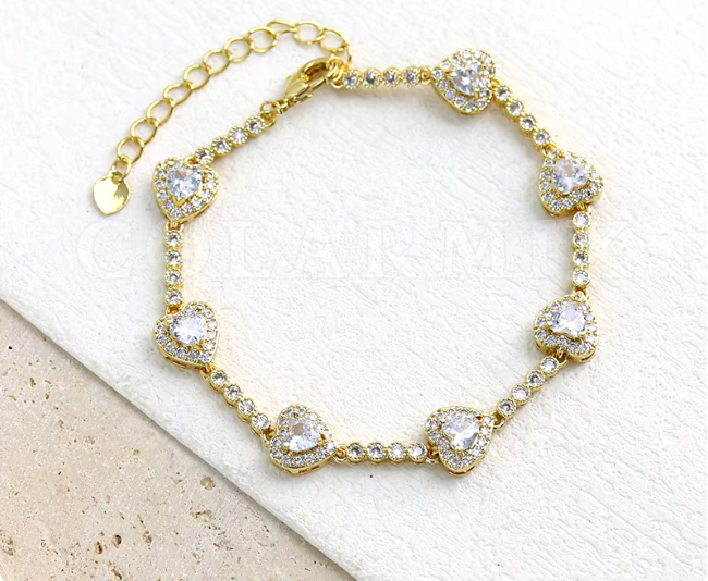 57211892 Pulsera de corazones con brillantes de imitación oro laminado 18k (3 Capas)