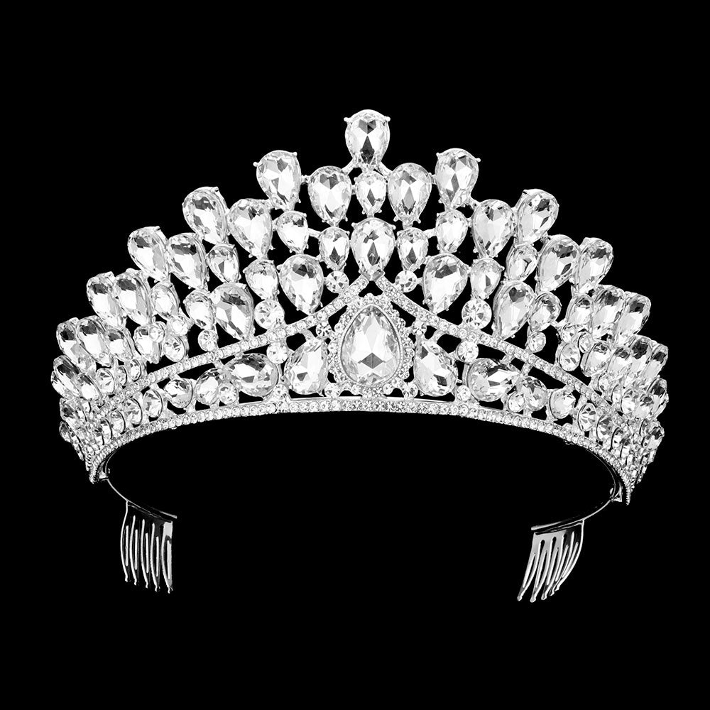 Tiara princesa de 2.7" de altura acentuada con brillantes y piedras estilo lagrimas