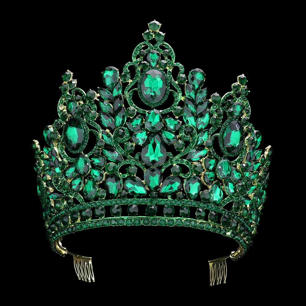 TH1748 Tiara de 6" de altura acentuada con racimos de piedras múltiples