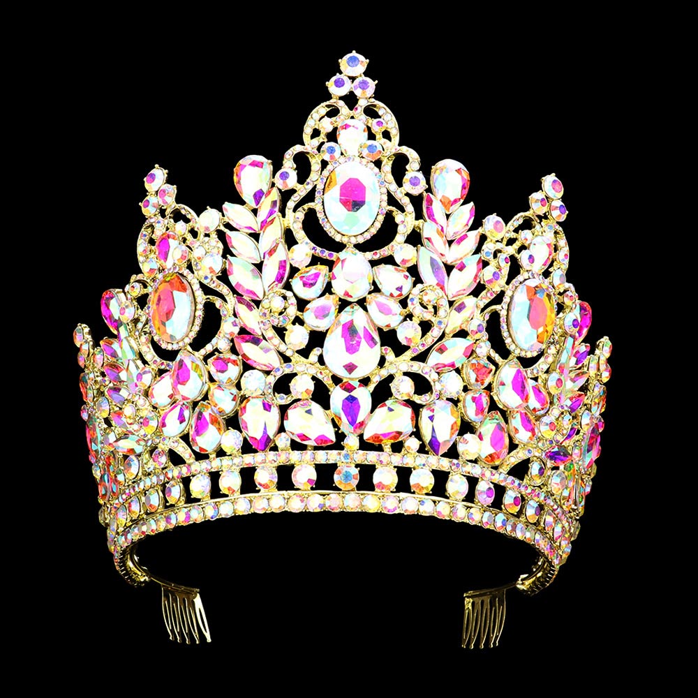 TH1748 Tiara de 6" de altura acentuada con racimos de piedras múltiples