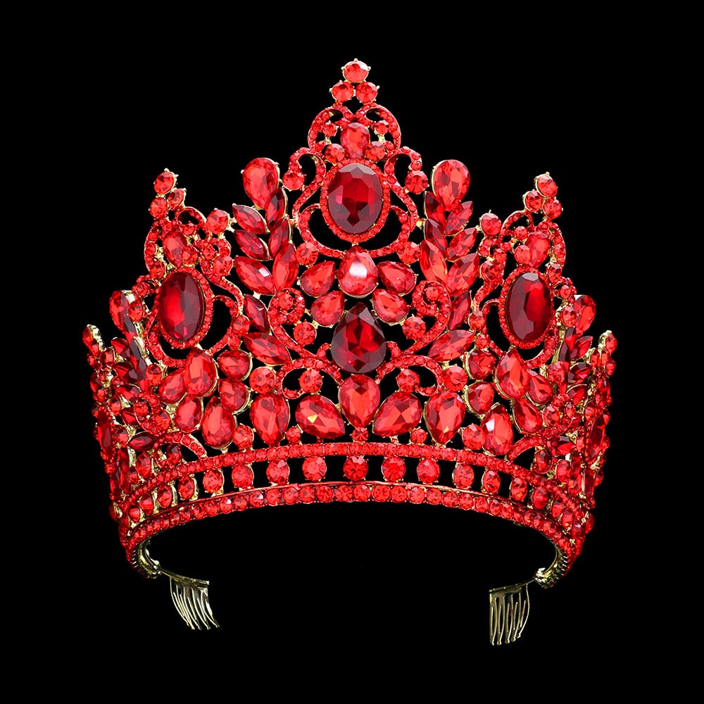 TH1748 Tiara de 6" de altura acentuada con racimos de piedras múltiples