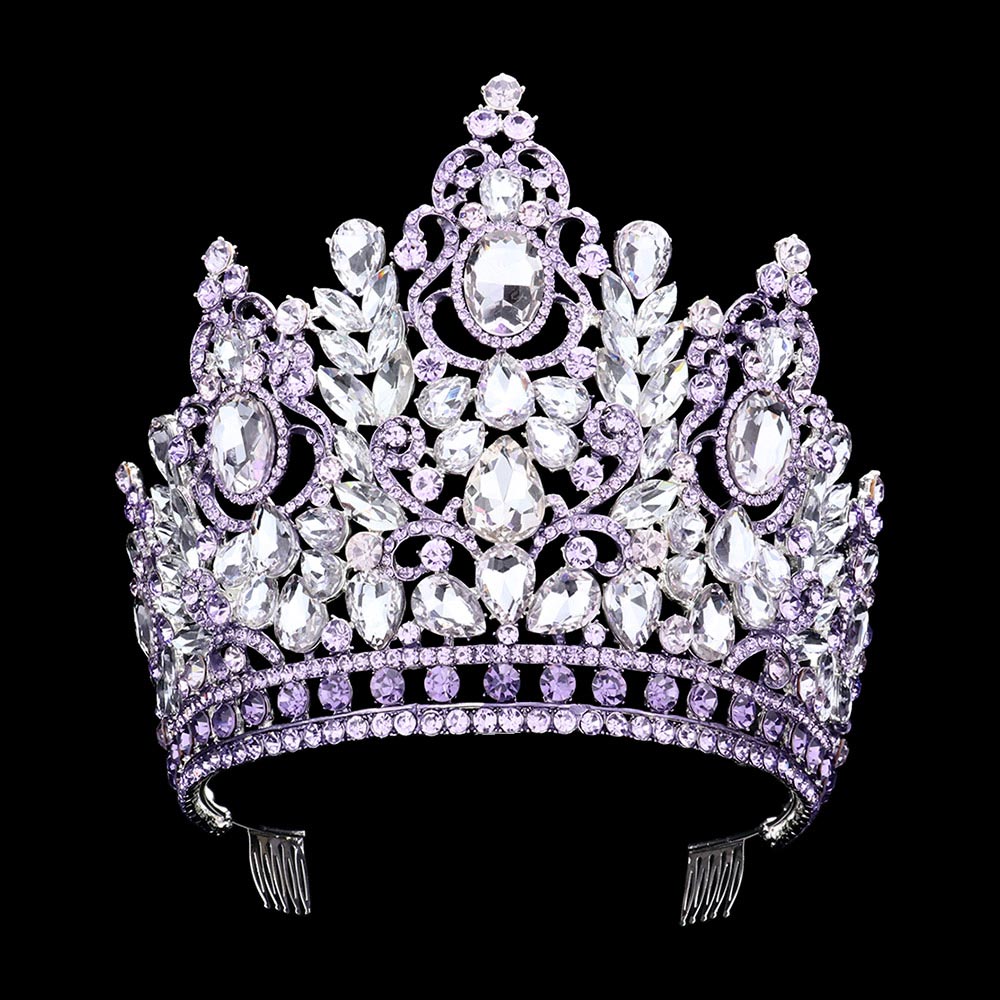 TH1748 Tiara de 6" de altura acentuada con racimos de piedras múltiples