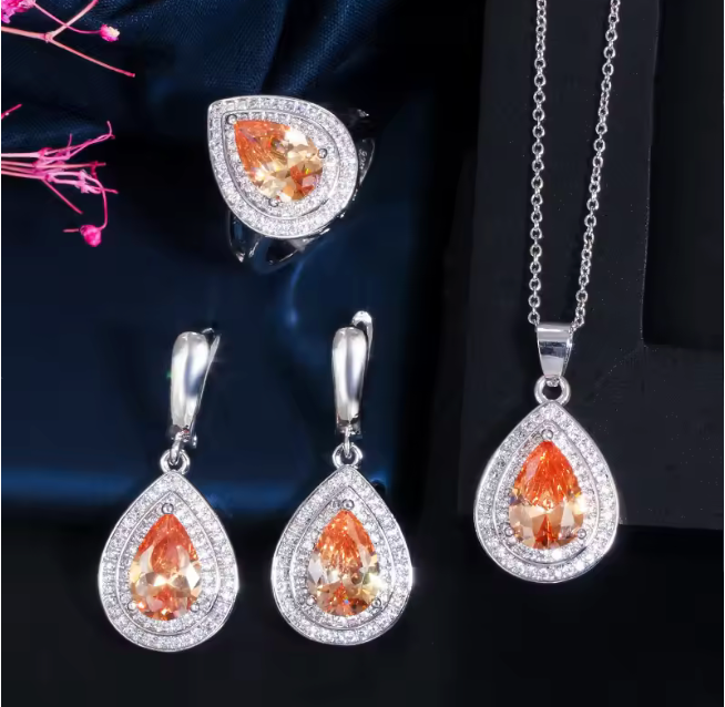 Conjunto de cadena y aretes de Cristal y ribete de Circonita cubica AAAAA (CZ)