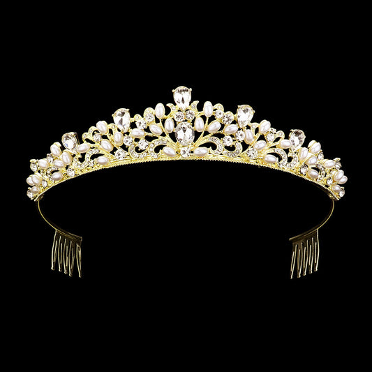 TH1726 Tiara acentuada con perlas y piedras lagrimas