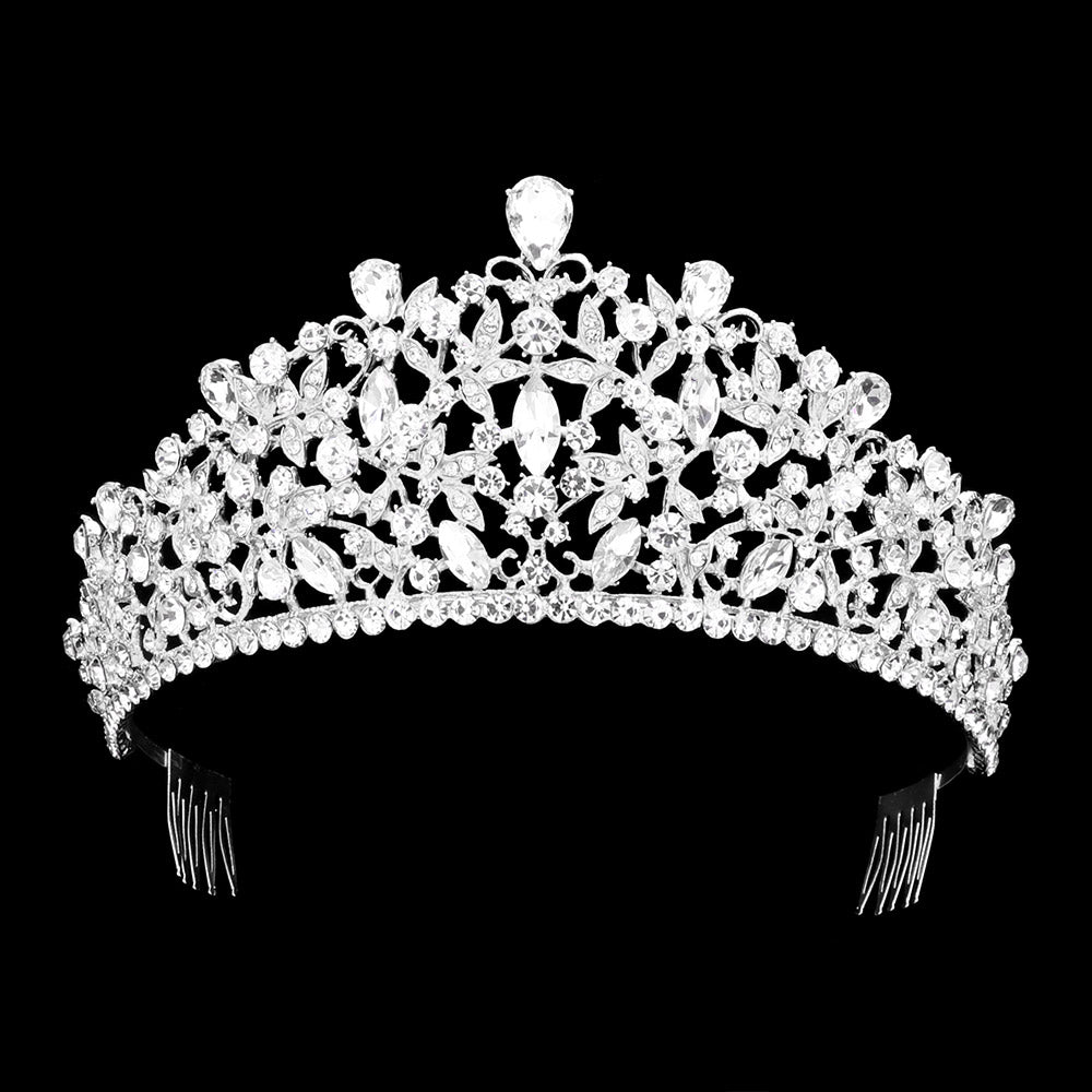 TH79-41315 Tiara con puntas de piedras lagrimas y ribete de brillantes