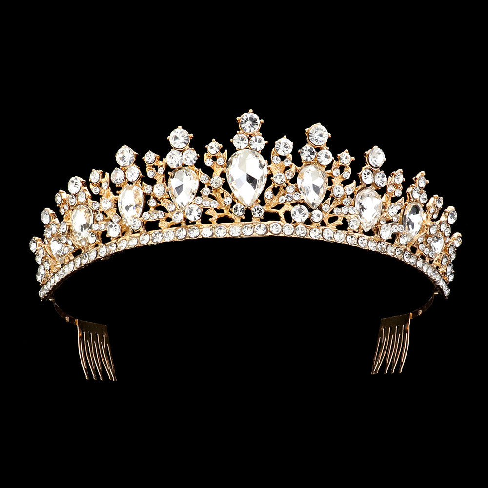 TH23-41216 Tiara acentuada con piedras lagrimas y ribete en brillantes