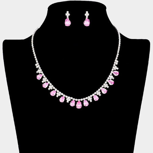 RN36-22339 Conjunto de collar y aretes con detalles en piedras lagrimas y piedras circonitas CZ