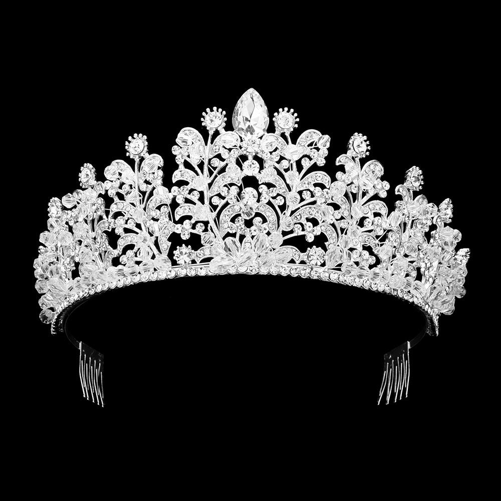 TH23-41358 Tiara acentuada flores de cristal y piedras marquesas