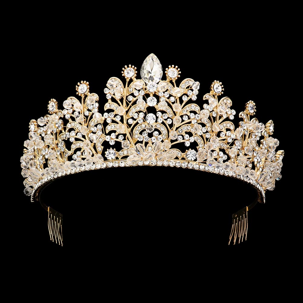 TH23-41358 Tiara acentuada flores de cristal y piedras marquesas