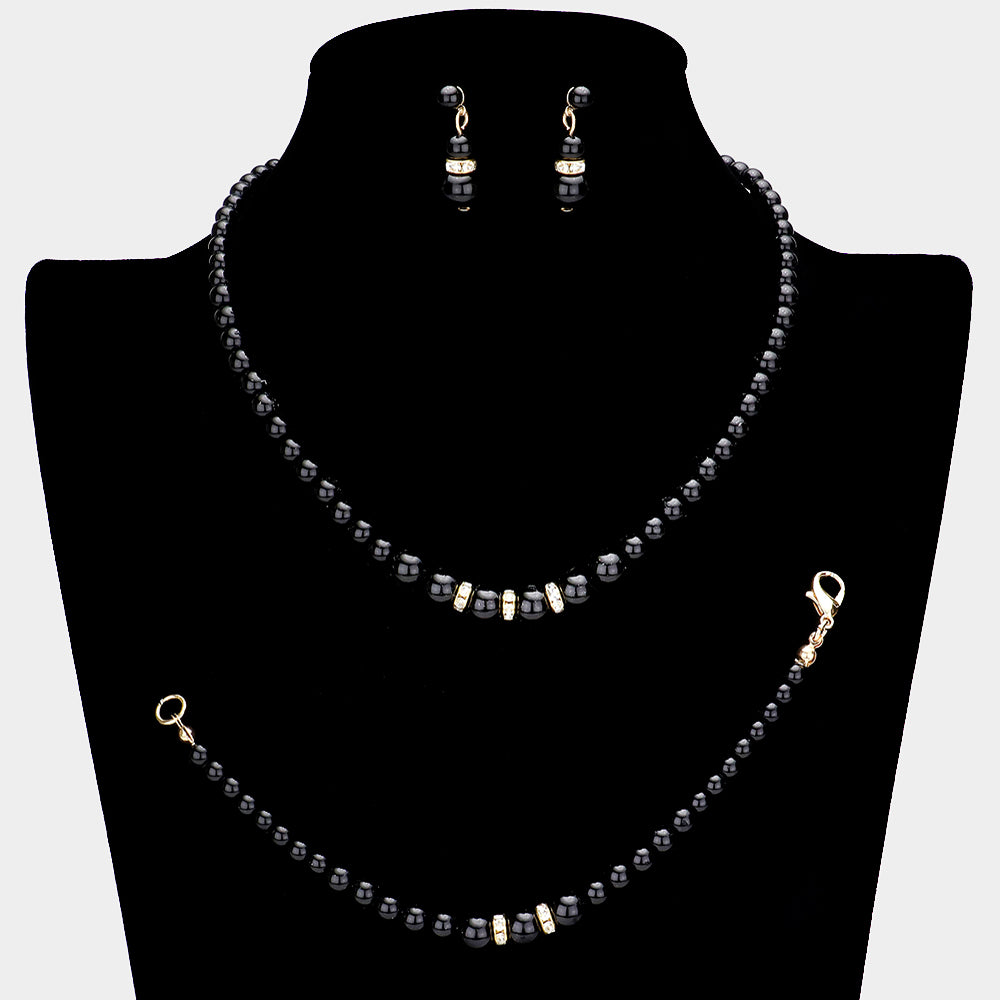 PN4822 Set de collar, pulsera y pendientes en perlas negras y detalles en cristal
