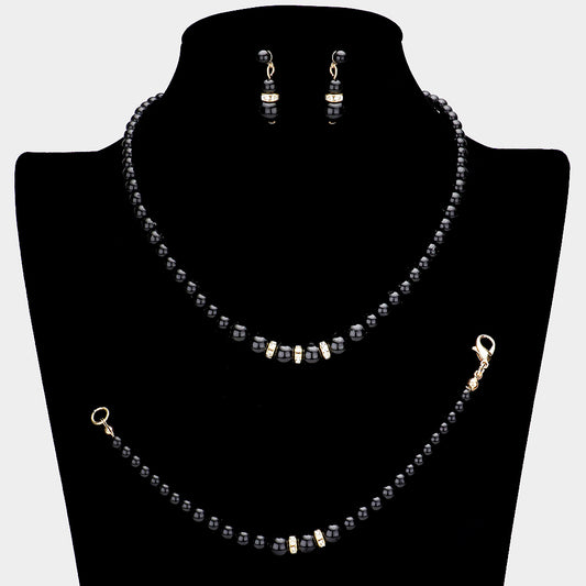 PN4822 Set de collar, pulsera y pendientes en perlas negras y detalles en cristal