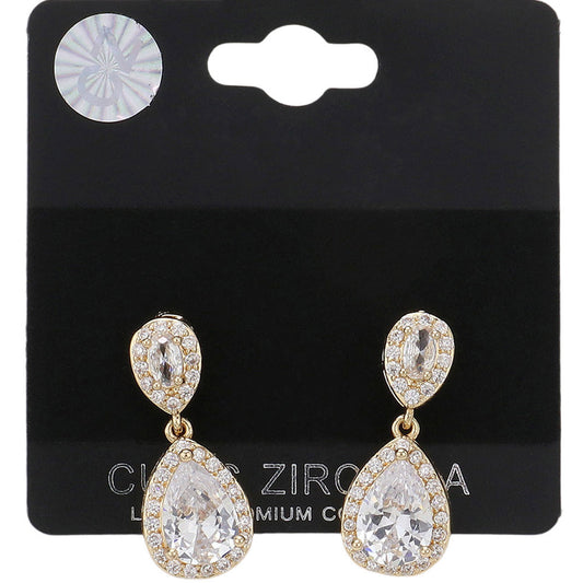 Aretes con doble piedra lagrima y ribete de circonita cubica CZ