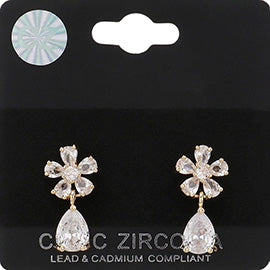 Aretes de flor y piedra lagrima de circonita cubica CZ