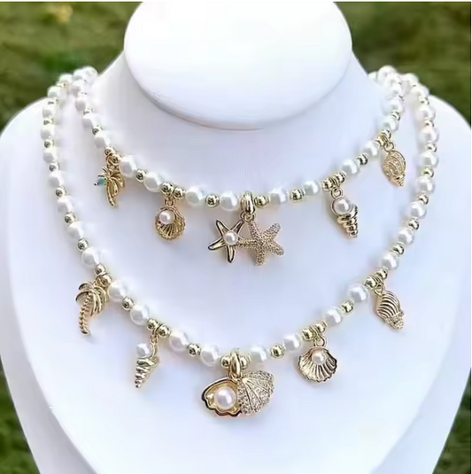 91795956 Collar doble con motivos playa en oro laminado 18k (3 Capas)