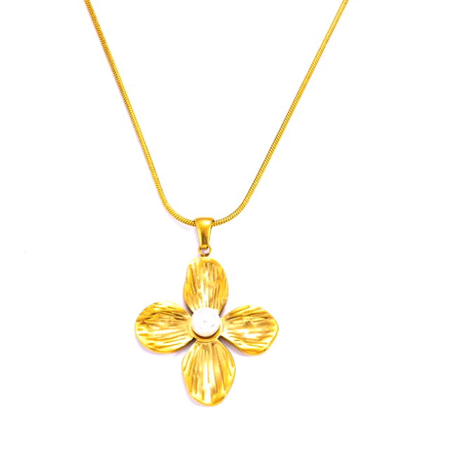 22141684 Conjunto de flor 4 petalos y perla en oro laminado 18k (3capas)